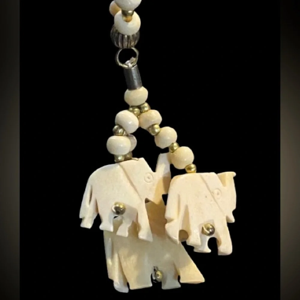 Vintage Carved Bone Cream Beaded Necklace with 3 Elephant Pendants Good Luck